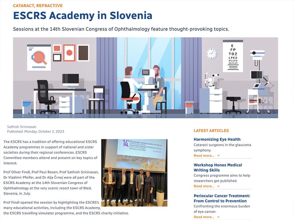 Nova objava v reviji EuroTimes o ESCRS akademiji v Sloveniji, kjer je s predavanji sodeloval tudi Prim. mag. Vladimir Pfeifer dr. med., FEBOS-CR - oktober 2023